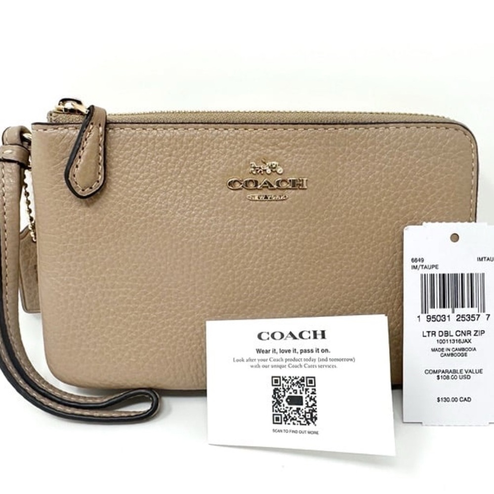 NWT Coach Double Corner Zip Leather Wristlet in Taupe Beige 6649